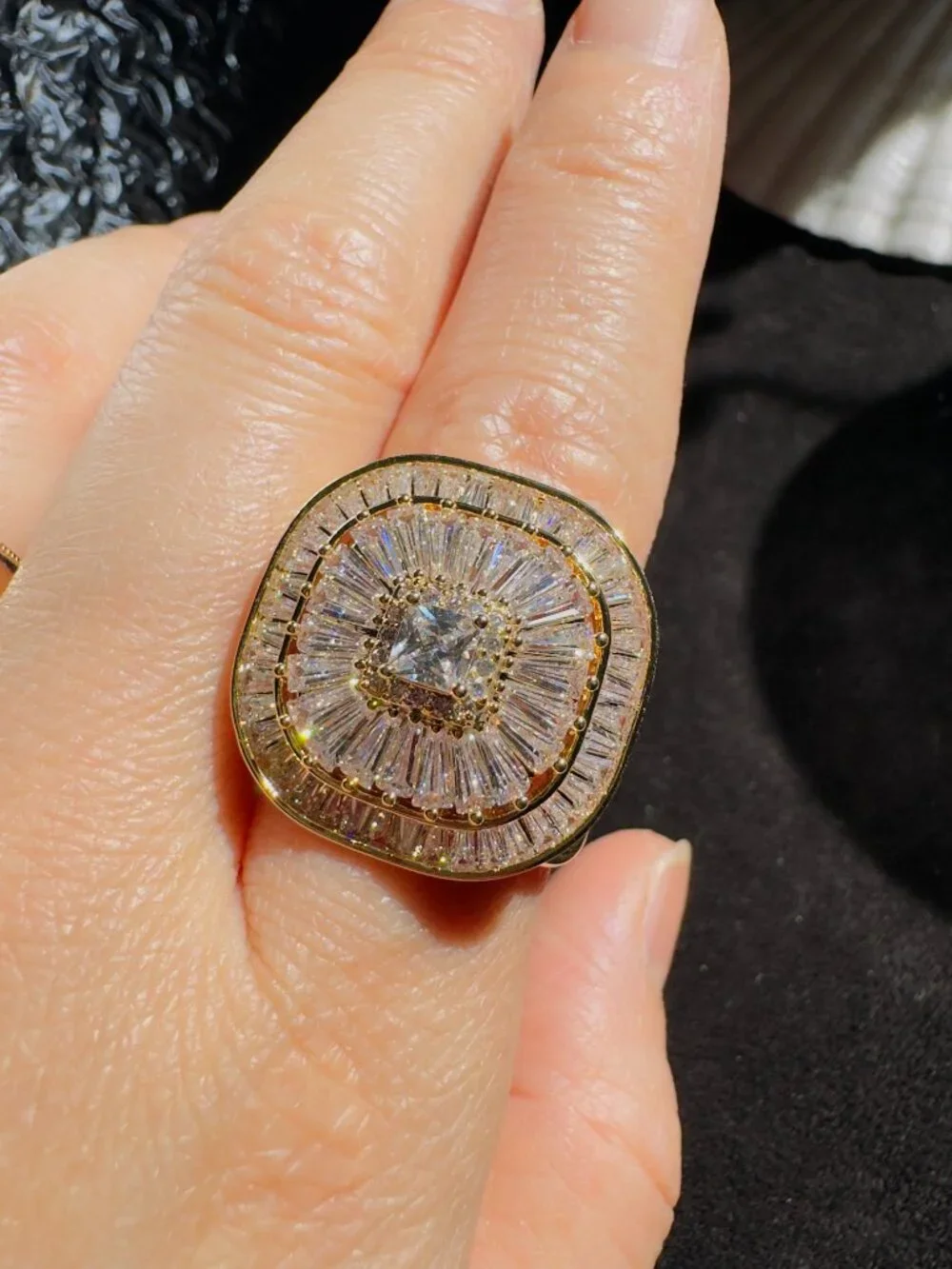 Baguette CZ Square Scarf Ring Gold Tone 2-in-1
